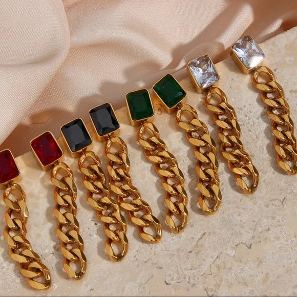 Black Zircon 18K Gold Plated Chain Stainless Steel Earrings - Picture 5 of 5